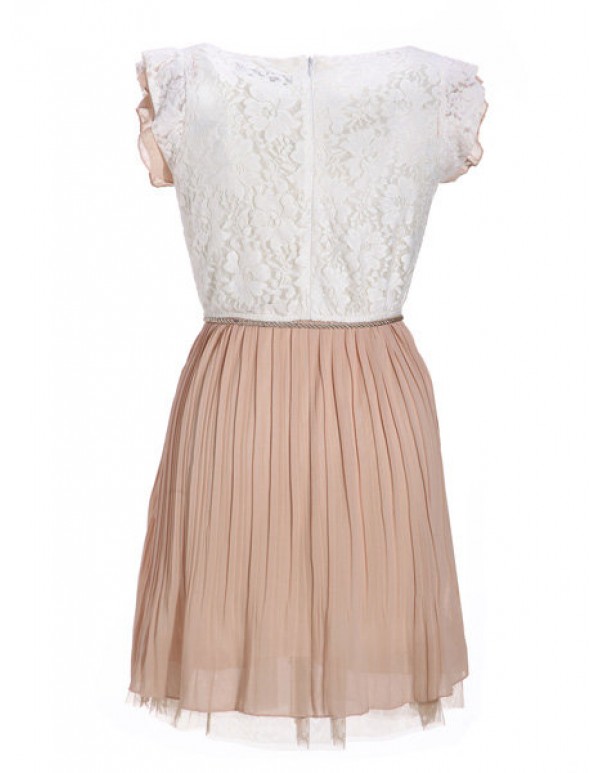 Women's Beige Lace Dress Sleeveless Pleated Vest Waist Mini Dress