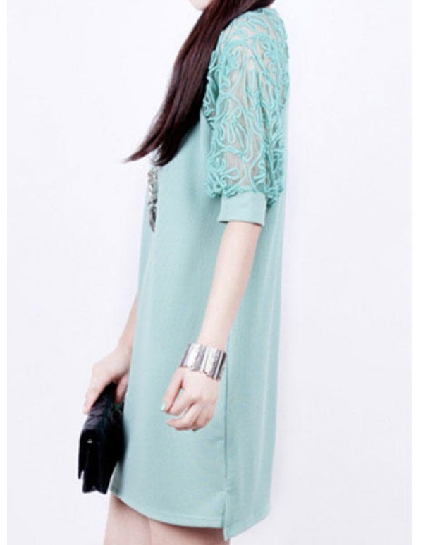 Fashion Women Summer Maxi Loose Lace Short Sleeve Round Neck Dresses