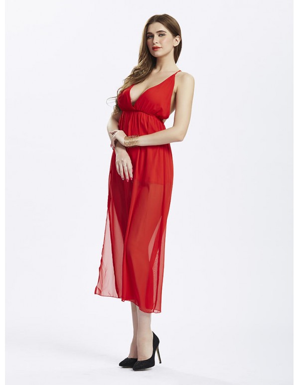 Sexy Women Strap V-Neck Backless Chiffon Maxi Dresses