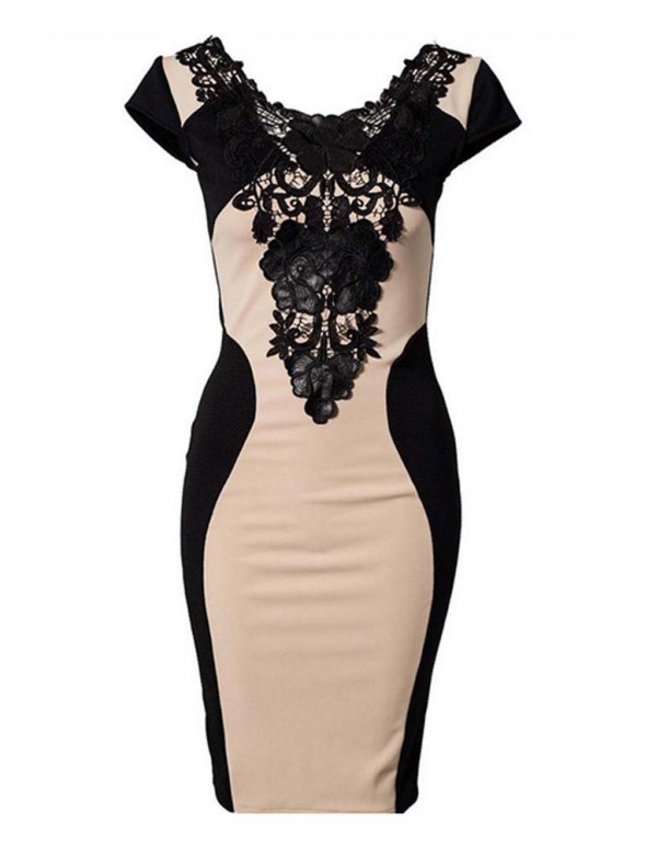 Women Lace Embroidery Short Sleeve Knee Length Office Party Dress