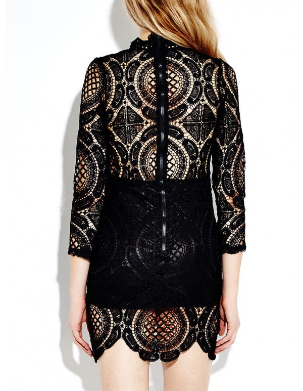 Women Long Sleeve Lace Crochet  Hollow Out Splicing Mini Dress