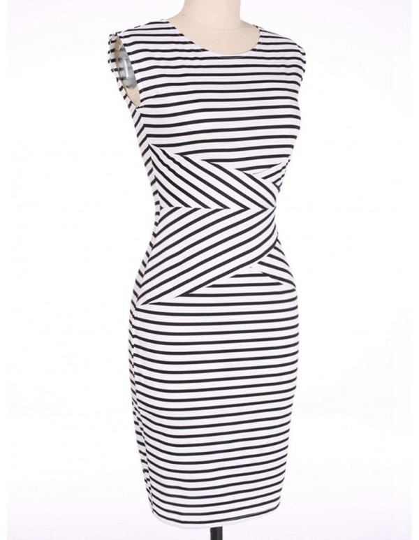 Elegant Women Sleeveless Striped O-Neck Slim Pencil Dresses