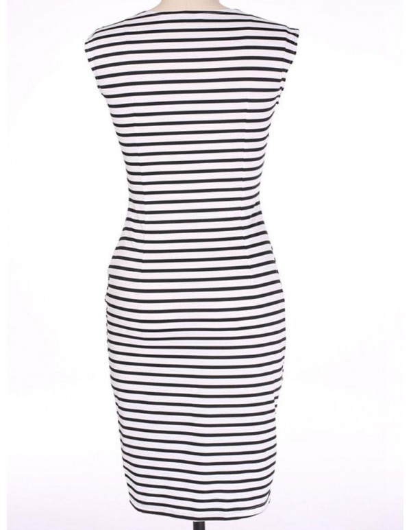 Elegant Women Sleeveless Striped O-Neck Slim Pencil Dresses