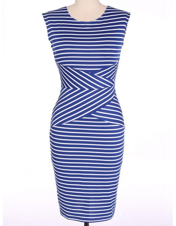 Elegant Women Sleeveless Striped O-Neck Slim Pencil Dresses