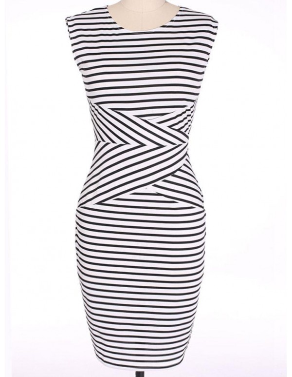 Elegant Women Sleeveless Striped O-Neck Slim Pencil Dresses