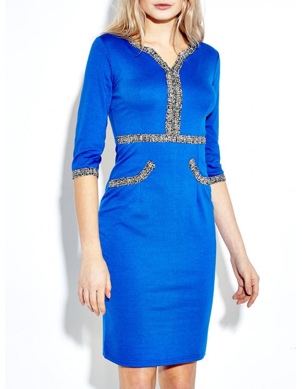 Women Sequined Patchwork Half Sleeve V-Neck Pencil Dress