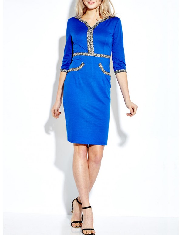 Women Sequined Patchwork Half Sleeve V-Neck Pencil Dress