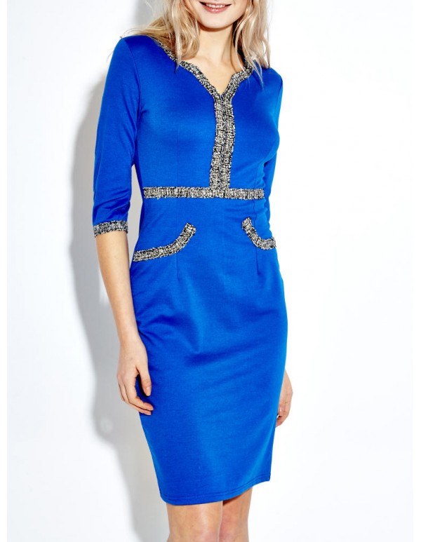 Women Sequined Patchwork Half Sleeve V-Neck Pencil Dress