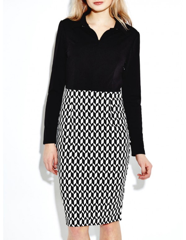 Elegant Women Lapel Front Zipper Checked Patchwork Pencil Dress