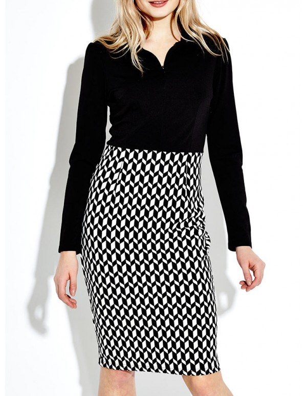 Elegant Women Lapel Front Zipper Checked Patchwork Pencil Dress