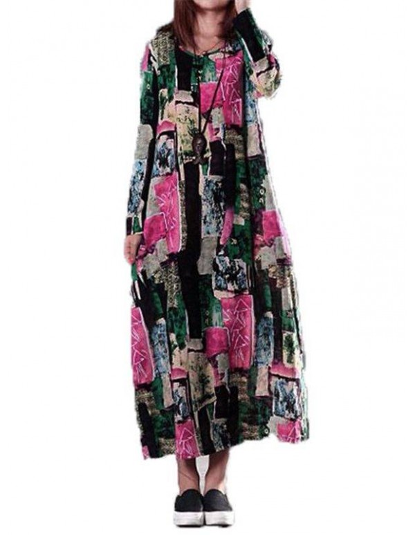 Women Floral Print Long Sleeve Loose Casual Dress