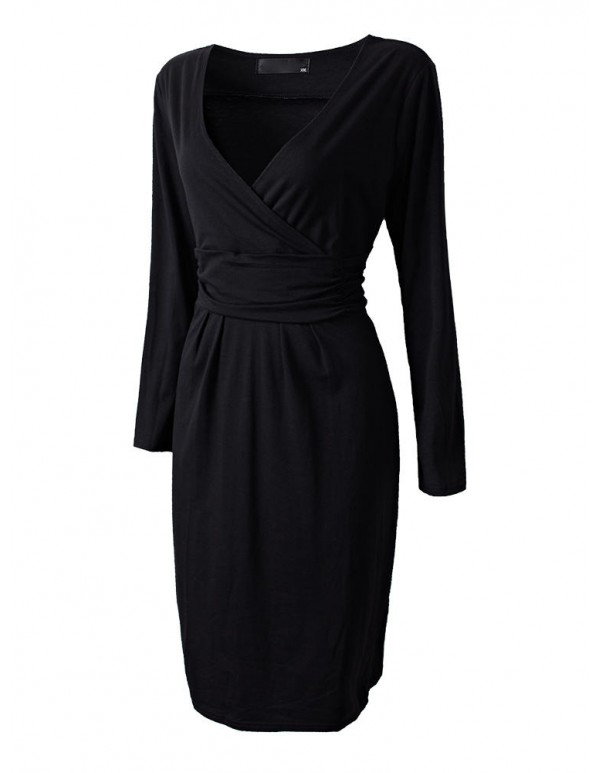 Elegant Office Lady Black V Neck Pleats Bodycon Work Dress