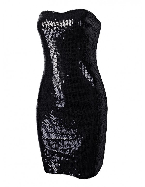 Sexy Women Black Sequin Strapless Bodycon Dress Tube Mini Dress