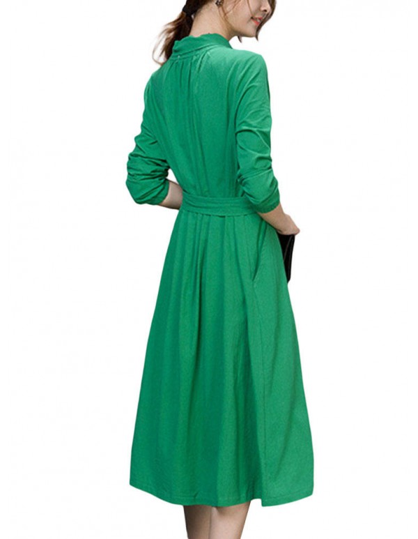 Bow Belt Work Slim Pure Color Long Sleeve V Neck Pocket Women Midi Dress