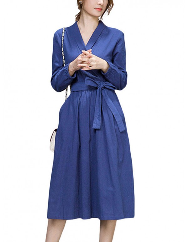 Bow Belt Work Slim Pure Color Long Sleeve V Neck Pocket Women Midi Dress