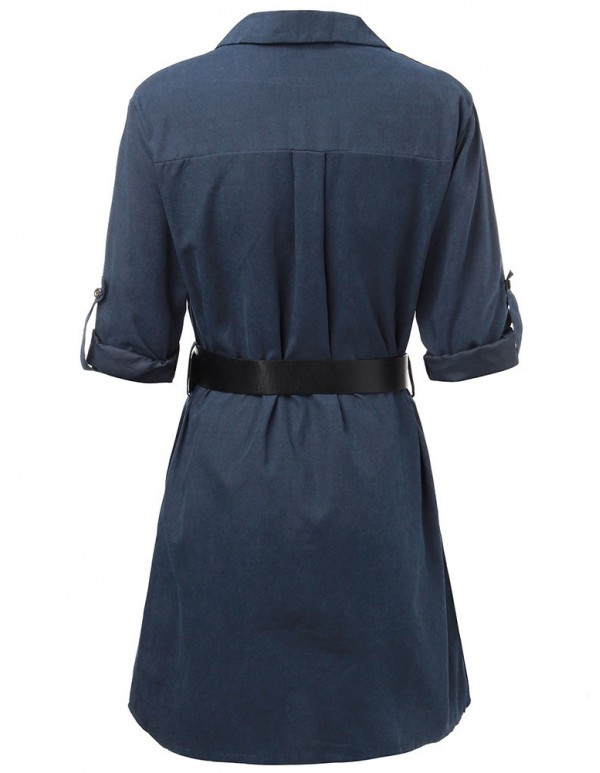 Elegant Work Pocket Lapel Shirt Dress For Women With Belt