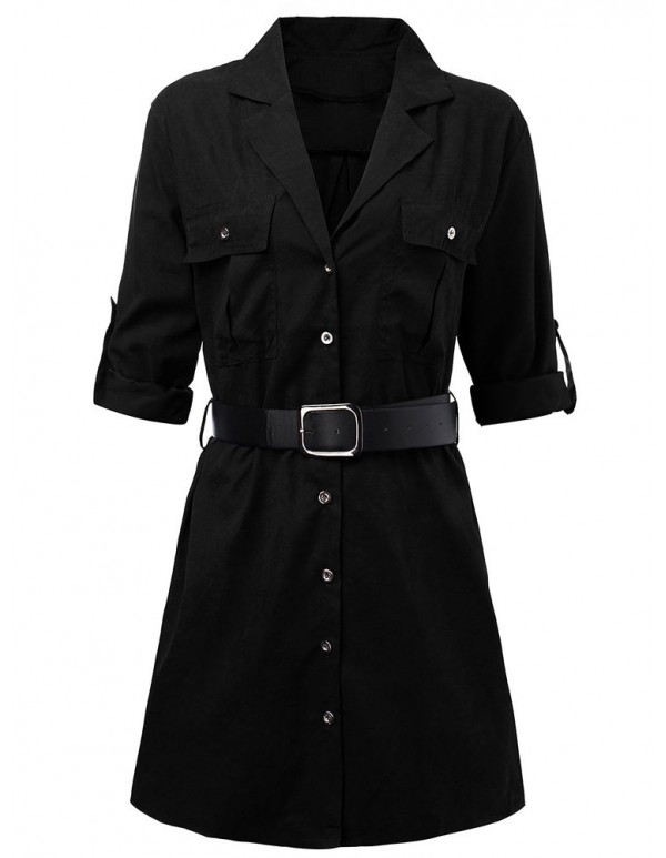 Elegant Work Pocket Lapel Shirt Dress For Women With Belt