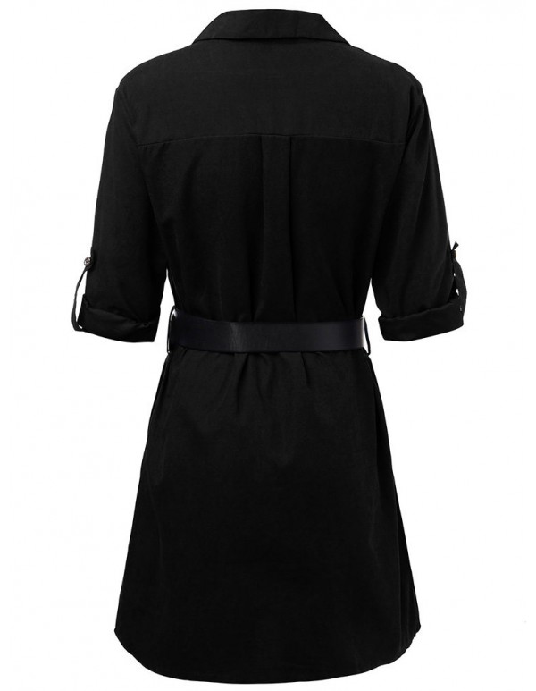 Elegant Work Pocket Lapel Shirt Dress For Women With Belt