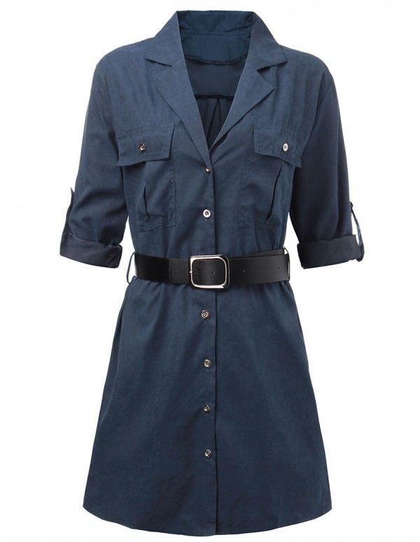 Elegant Work Pocket Lapel Shirt Dress For Women With Belt