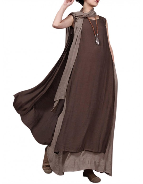 Vintage Women Sleeveless Fake Two-piece Maxi Dress With Scarf