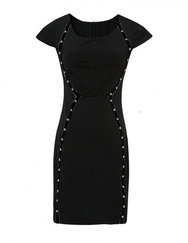 Elegant Women Rivet Zip-up Short Sleeve High-waist Dress