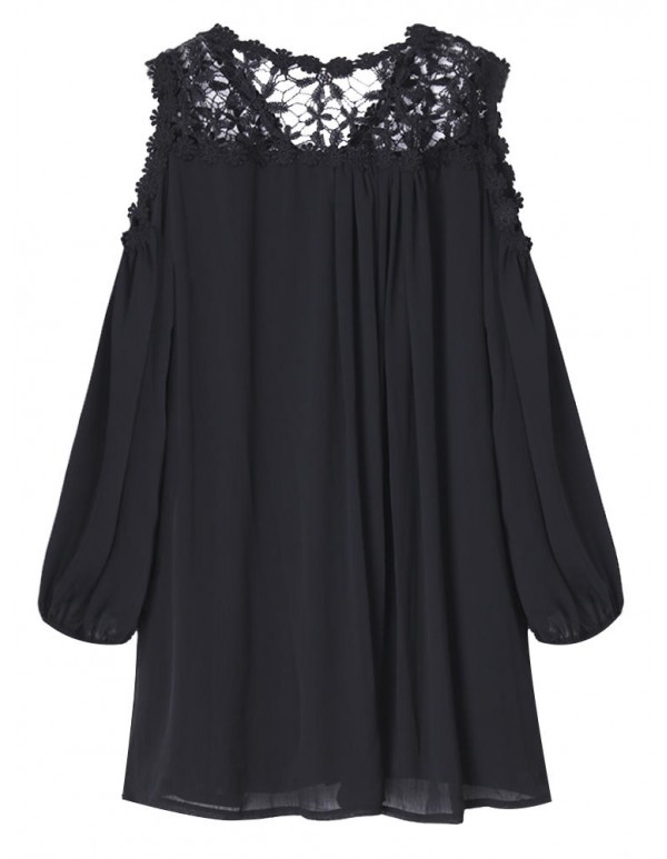 Sexy Women Off Shoulder Lantern Sleeve Lace Patchwork Chiffon Dress