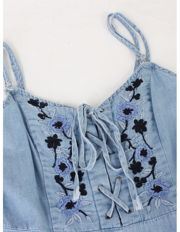 Women Vintage Embroidered Floral Denim Strap Mini Dress