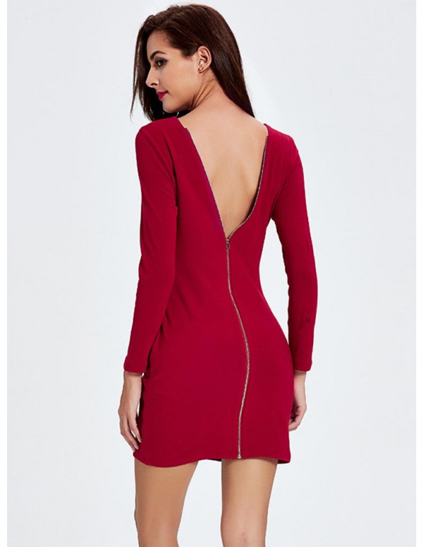 Women Sexy Slim V-Neck Long Sleeve Knit Zipper Package Hip Dress