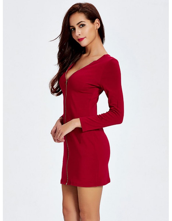 Women Sexy Slim V-Neck Long Sleeve Knit Zipper Package Hip Dress