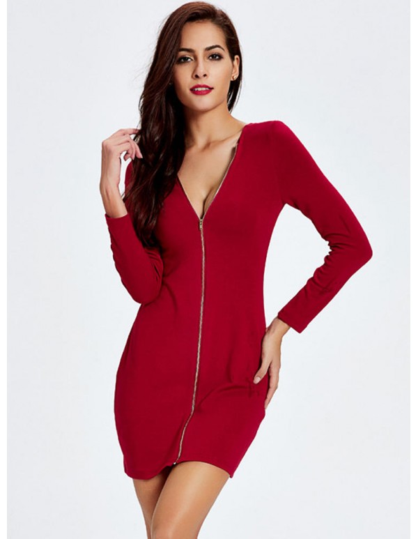 Women Sexy Slim V-Neck Long Sleeve Knit Zipper Package Hip Dress