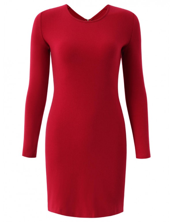 Women Sexy Slim V-Neck Long Sleeve Knit Zipper Package Hip Dress