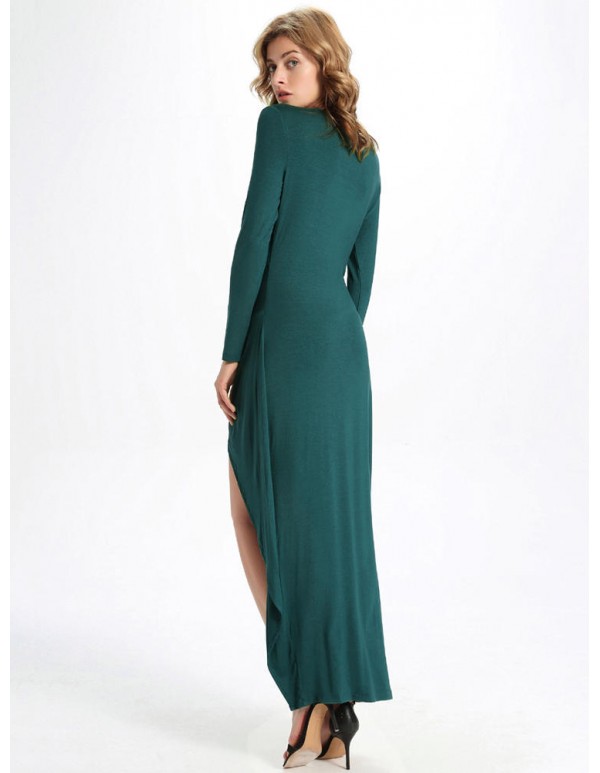 Women Long Sleeve Solid Waist Pleated Split Irregular Maxi Dress