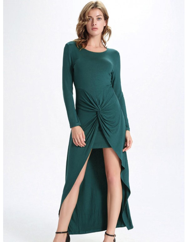 Women Long Sleeve Solid Waist Pleated Split Irregular Maxi Dress