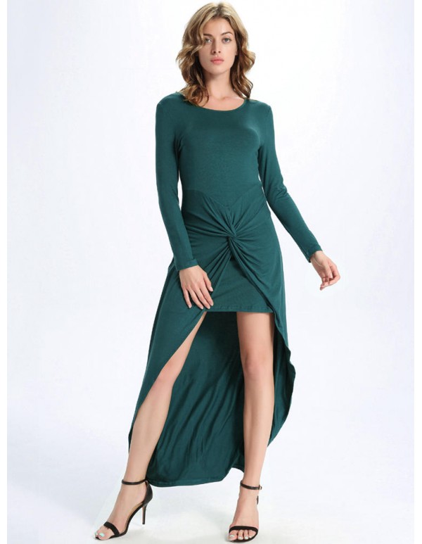 Women Long Sleeve Solid Waist Pleated Split Irregular Maxi Dress