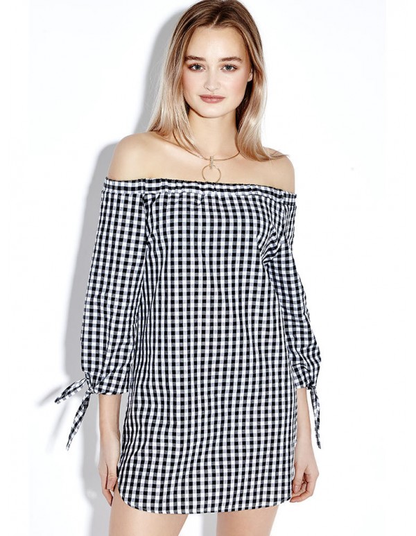 Sexy Plaid Off Shoulder 3/4 Sleeve Loose Women Mini Dress