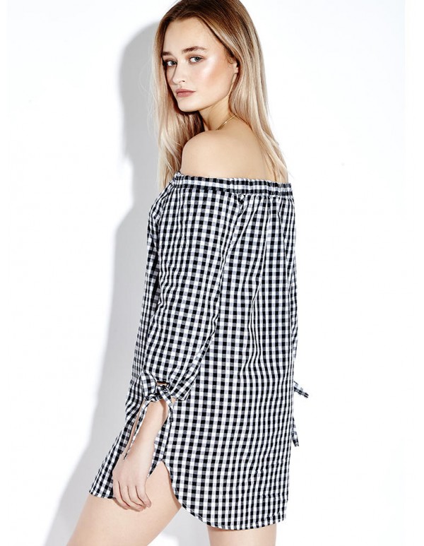 Sexy Plaid Off Shoulder 3/4 Sleeve Loose Women Mini Dress