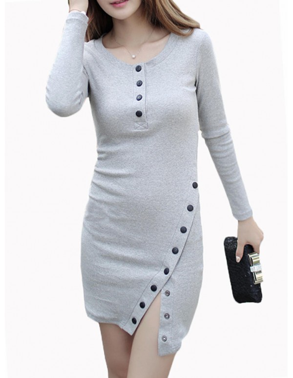 Sexy Bodycorn Button Split Long Sleeve Work Women Sweater Dress