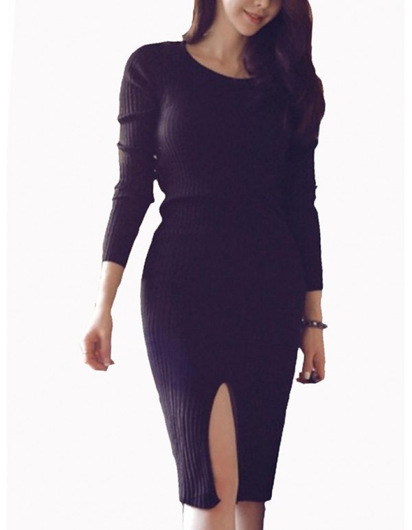 Vintage Split Knit Long Sleeve Bodycorn Work Women Sweater Dress