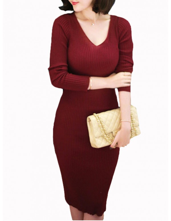 Sexy Knit V-Neck Long Sleeve Bodycorn Work Women Sweater Dress