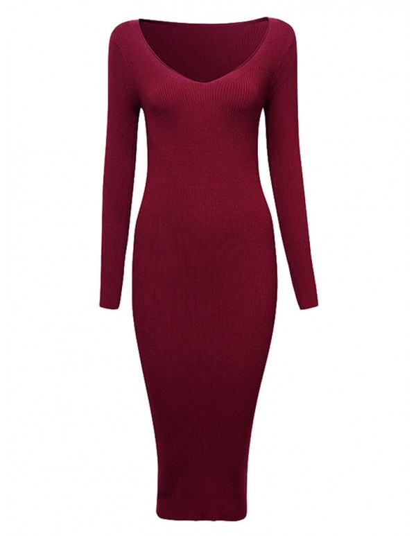 Sexy Knit V-Neck Long Sleeve Bodycorn Work Women Sweater Dress