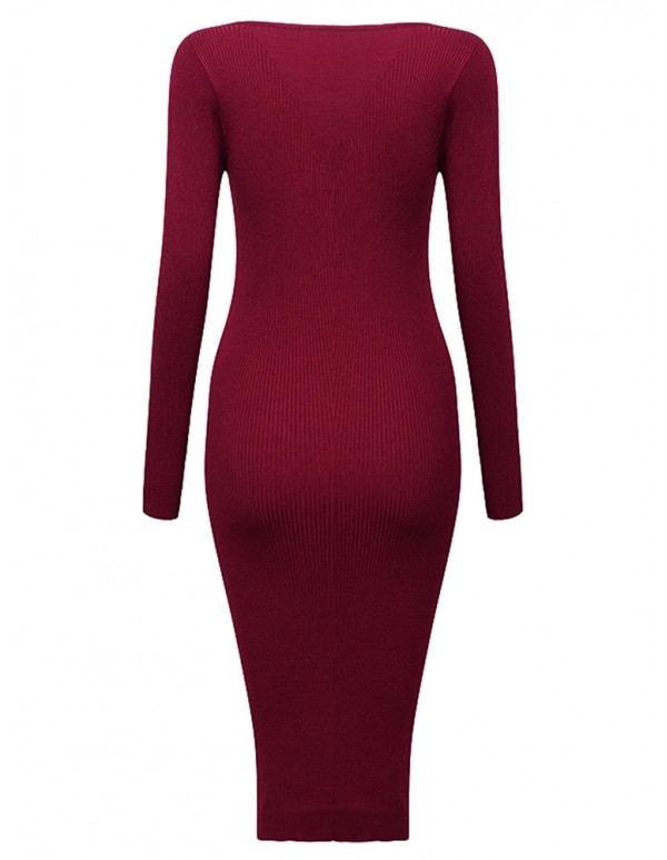 Sexy Knit V-Neck Long Sleeve Bodycorn Work Women Sweater Dress