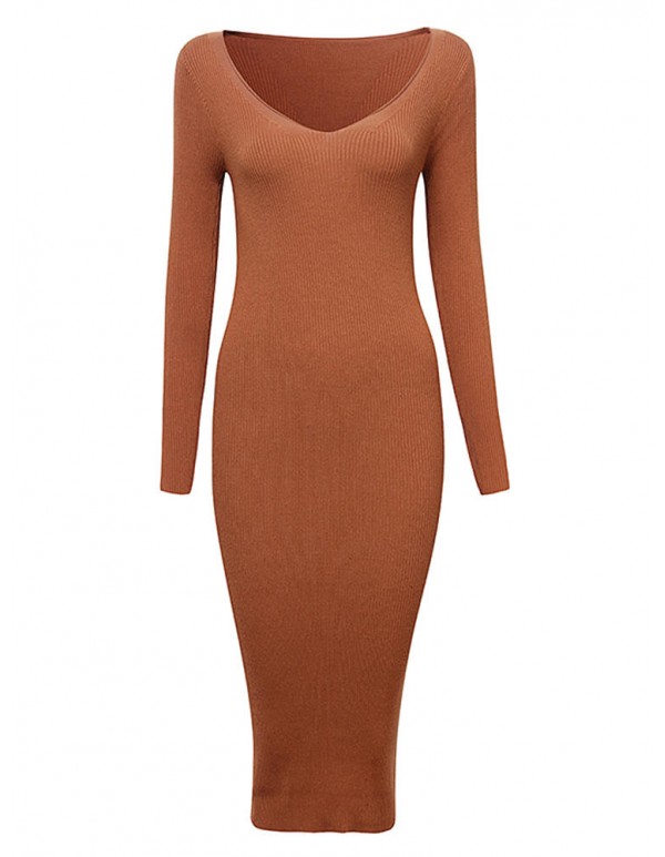 Sexy Knit V-Neck Long Sleeve Bodycorn Work Women Sweater Dress