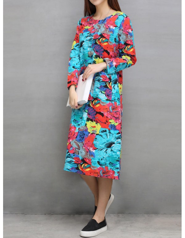 Ethnic Pocket Floral Print Long Sleeve Women Dress