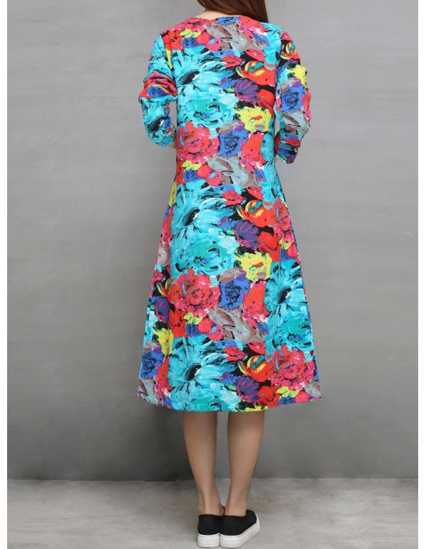 Ethnic Pocket Floral Print Long Sleeve Women Dress