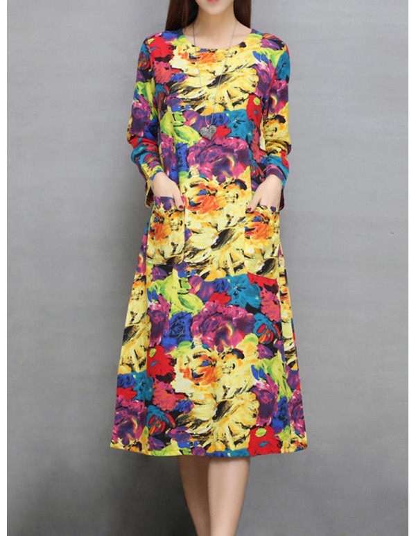 Ethnic Pocket Floral Print Long Sleeve Women Dress