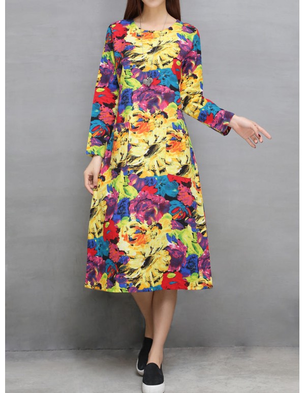 Ethnic Pocket Floral Print Long Sleeve Women Dress