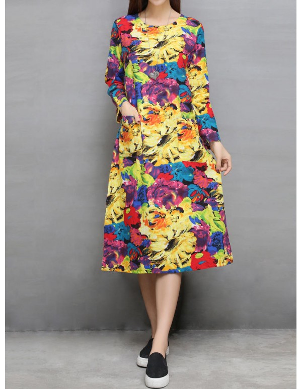 Ethnic Pocket Floral Print Long Sleeve Women Dress