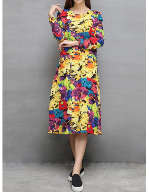 Ethnic Pocket Floral Print Long Sleeve Women Dress