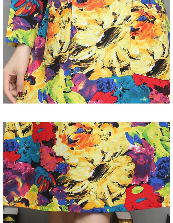 Ethnic Pocket Floral Print Long Sleeve Women Dress