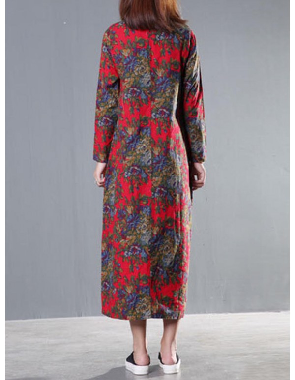 Vintage Women Long Sleeve Floral Printed Maxi Loose Dress